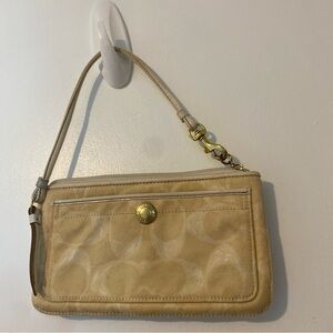 Coach Beige Signature Wristlet with Gold-Tone Hardware
